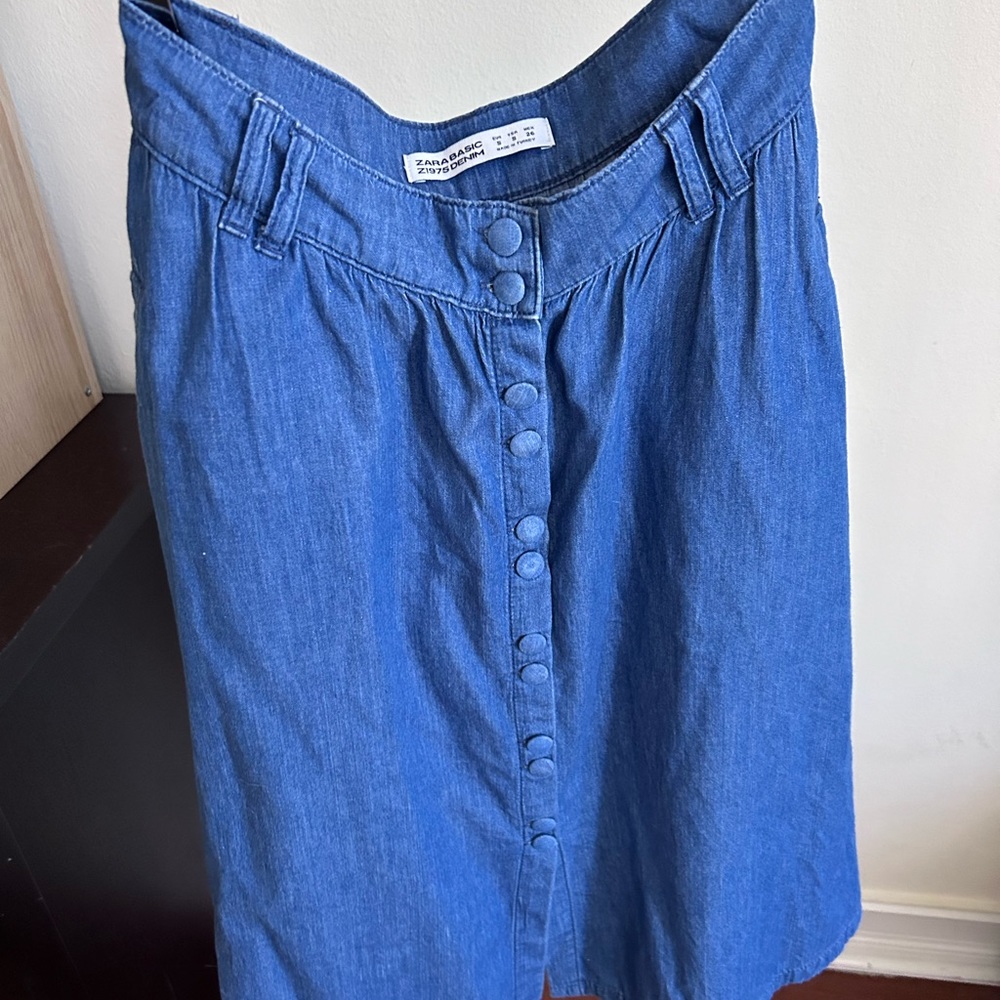 Zara Front Buttons Midi A-Line Fit & Flare Denim Skirt w/ Pocket S - Picture 11 of 12